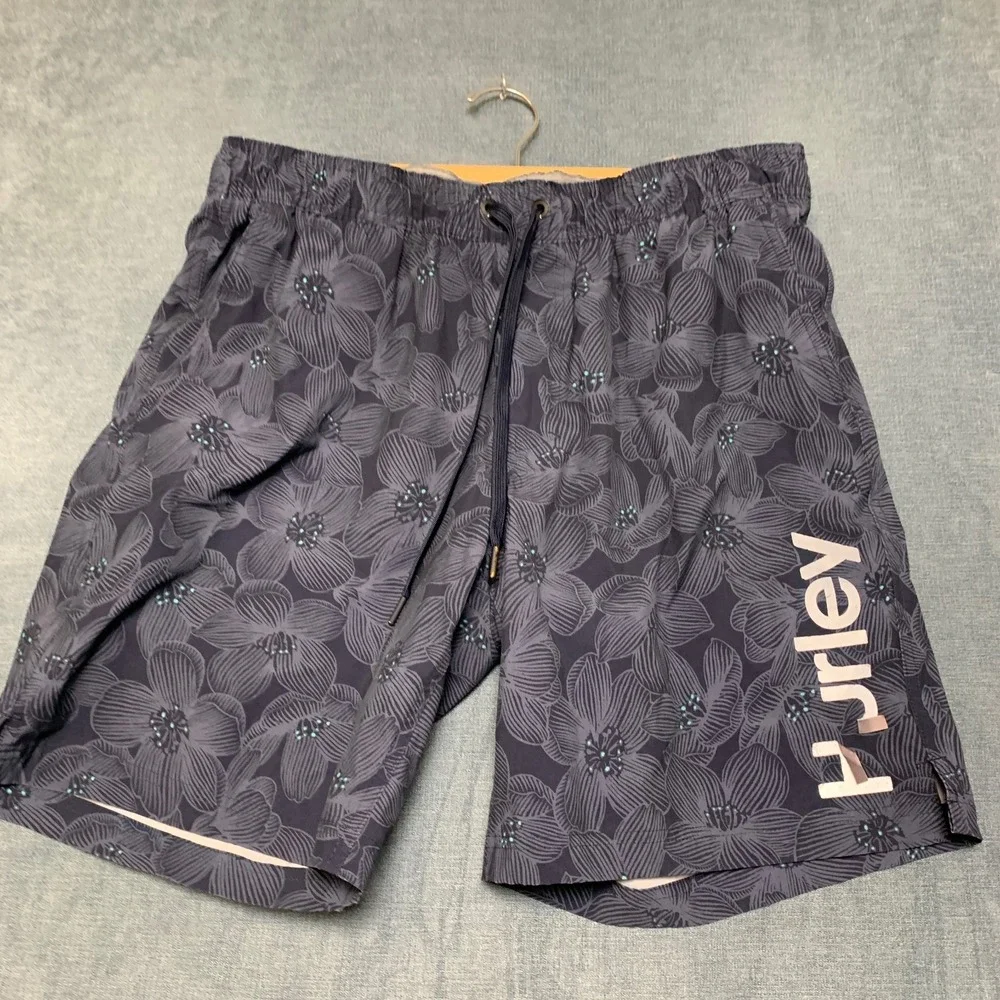 Hurley Board Shorts Men XL Gray Floral Comfort Stretch Drawstring Waist Swimwear